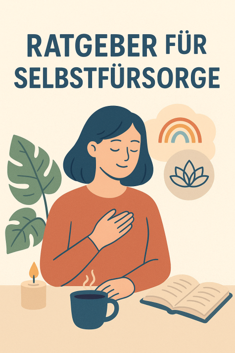 Frau mit braunen Haaren, die einen Becher h&auml;lt, umgeben von Bl&auml;ttern, Kerze und einem offenen Buch. Grafische Symbole von Rainbow und Lotus.