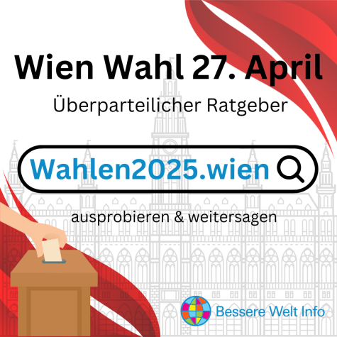 Informative Grafik zur Wien Wahl am 27. April. Sie bewirbt einen überparteilichen Online-Ratgeber mit einem Link zu ‚Wahlen2025.wien‘ und fordert dazu auf, den Ratgeber auszuprobieren und den Post zu teilen. Im Hintergrund ist die Kontur des Wiener Rathauses als grau-weiße Grafik abgebildet. Rot-weiße Fahnen sind in der Ecke links unten und rechts oben zu sehen. Eine Hand wirft einen Zettel in eine Wahlurne im linken unteren Bereich. Rechts unten befindet sich das Logo von ‚Bessere Welt Info‘. 