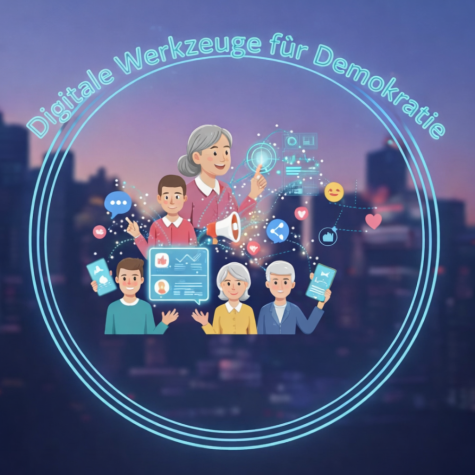 Das Bild zeigt eine illustrierte, symbolische Darstellung digitaler Werkzeuge f&uuml;r Demokratie.