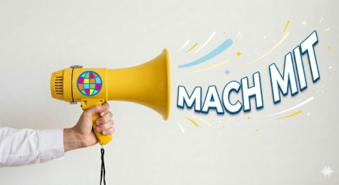 Mach mit-Spruch mit einer Hand und einem Megaphone