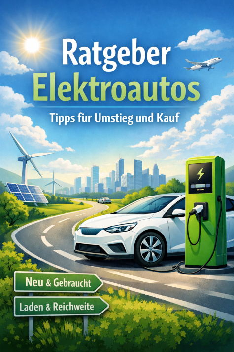 Ein buntes Cover eines Ratgebers f&uuml;r Elektroautos, das eine Stadtlandschaft, Solarzellen und eine Ladestation zeigt.