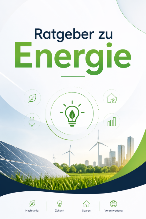 Grafik mit einem Titel &bdquo;Ratgeber zu Energie&ldquo;, Darstellung von Solarpanelen, Windr&auml;dern und einer Stadtlandschaft im Hintergrund.