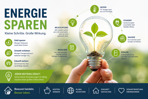 Ein Hand h&auml;lt eine Gl&uuml;hbirne mit einer kleinen Pflanze darin; Text &uuml;ber Energiesparen umgibt das Bild.