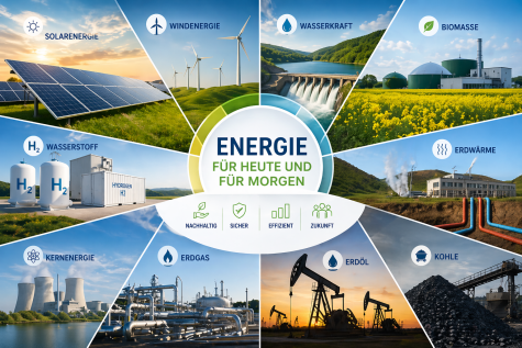 Diagramm zur Energieerzeugung mit verschiedenen Energiequellen wie Solar, Wind, Wasser und fossilen Brennstoffen, umgeben von dem Text "Energie f&uuml;r heute und f&uuml;r morgen".