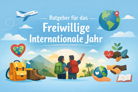 Bunte Grafik mit einem Reisenden-Paar, der Erde, einem Flugzeug und Symbolen f&uuml;r Freiwilligenarbeit und Gesundheit.