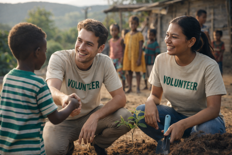 Zwei freiwillige Helfer l&auml;cheln, w&auml;hrend sie einem kleinen Jungen die Hand sch&uuml;tteln. Im Hintergrund sind weitere Kinder und eine l&auml;ndliche Umgebung zu sehen.