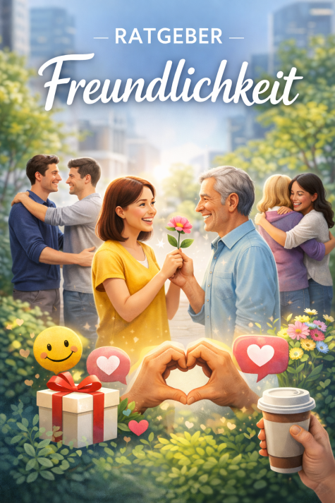 Eine farbenfrohe Illustration mit fr&ouml;hlichen Menschen, die Freundlichkeit und Zusammenhalt in einem Stadtpark zeigen.