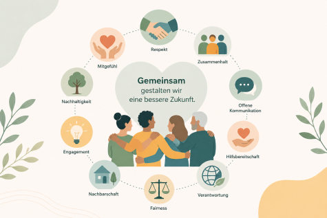 Grafik mit verschiedenen Symbolen, die Zusammenarbeit und Werte f&uuml;r eine bessere Zukunft darstellen, umgeben von Gruppen von Menschen.