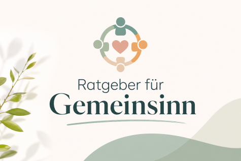 Logo mit stilisiertem Symbol von zusammenhaltenden Menschen und dem Schriftzug "Ratgeber f&uuml;r Gemeinsinn" in sanften Farben.