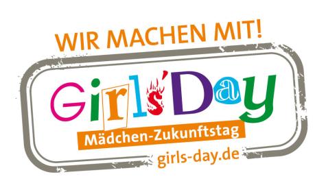 Logo f&uuml;r den Girls' Day mit bunten Buchstaben und dem Slogan "Wir machen mit!" in orangefarbenem Text.