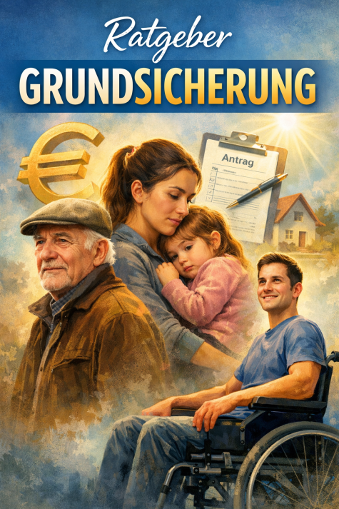 Eine Dokumentation &uuml;ber Grundsicherung mit Symbolen f&uuml;r finanzielle Unterst&uuml;tzung und menschlichen Emotionen, dargestellt durch unterschiedliche Personen.