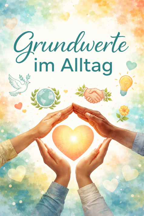 H&auml;nde halten ein leuchtendes Herz, umgeben von symbolischen Elementen wie Taube, Erde und Gl&uuml;hbirne, mit buntem Hintergrund.