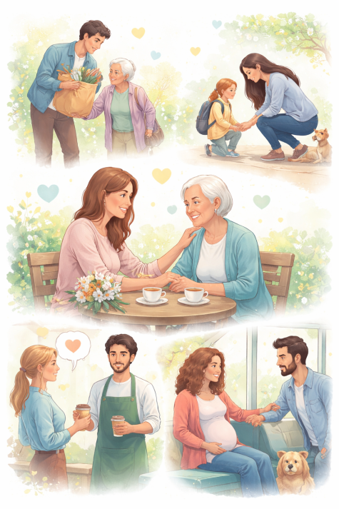 Verschiedene Szenen von F&uuml;rsorge und Liebe zwischen j&uuml;ngeren und &auml;lteren Menschen, mit Elementen wie Blumen, Hunden und gem&uuml;tlichen Treffen.