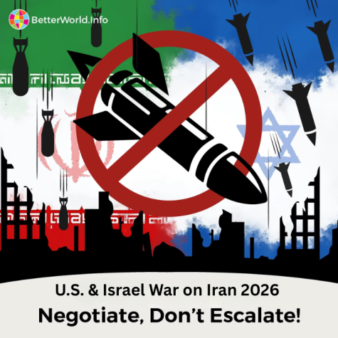 Grafik mit einem durchgestrichenen Flugk&ouml;rper vor einer Hintergrundcollage aus Flaggen, Ruinen und dem Slogan &bdquo;Negotiate, Don&rsquo;t Escalate!&ldquo;.