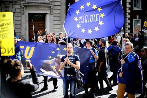 Eine Demo mit Schildern und Bannern gegen den Brexit 2017