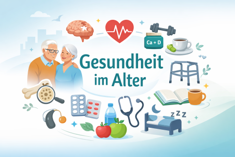 Zarte Illustrationen von Senioren, Gesundheitssymbolen und einer &Uuml;berschrift "Gesundheit im Alter" in einem freundlichen Design.