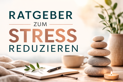 Ein Stapel von Steinen, eine Tasse, ein Notizbuch und Pflanzen auf einem Tisch mit warmem Licht, das eine entspannende Atmosph&auml;re schafft.