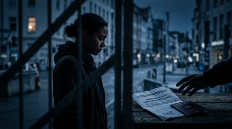 Eine junge Frau steht nachts in einer Stadt. Eine Hand reicht ihr ein Dokument und einen Reisepass, w&auml;hrend sie nachdenklich schaut.