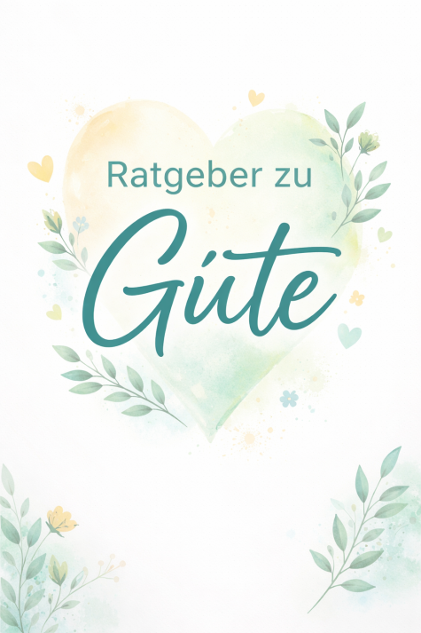 Zarte Aquarellillustration eines Herzens mit dem Text &bdquo;Ratgeber zu G&uuml;te&ldquo; und bl&uuml;henden Pflanzen.