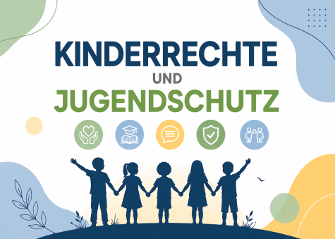 Silhouetten von Kindern, die H&auml;ndchen haltend stehen, umgeben von bunten Symbolen, mit dem Text "Kinderrechte und Jugendschutz".