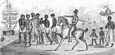 Eine historische Schwarz-Wei&szlig;-Illustration zeigt M&auml;nner in einfacher Kleidung, die an einem Dock stehen, w&auml;hrend ein Reiter sie beobachtet.