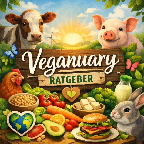 Bunt illustrierte Szene mit Tieren, Gem&uuml;se, H&uuml;lsenfr&uuml;chten und einem Burger, umrahmt von Pflanzen und der Aufschrift &bdquo;Veganuary Ratgeber&ldquo;.