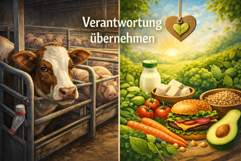 Eine Kuh und Schweine in einem Stall neben einer bunten Landschaft mit frischen Lebensmitteln und einem Herzen, das h&auml;ngt.