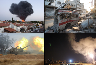 Eine Collage aus Aufnahmen von Auseinandersetzung in Israel mit Luftangriffen und zerst&ouml;rten H&auml;usern