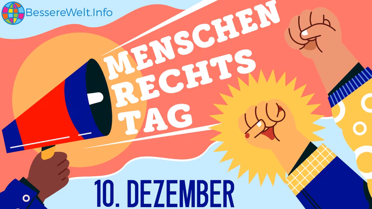 Ein Banner mit mehreren F&auml;usten und dem Schriftzug Tag der Menschenrechte am 10.12.