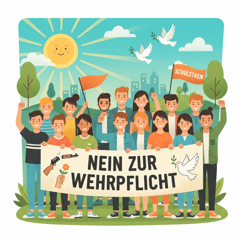Eine Gruppe Jugendlicher h&auml;lt ein Banner auf dem "Nein zur Wehrpflicht" steht. Links ein zerbrochenes Gewehr und eine Hand, die eine Blume h&auml;lt. Rechts eine wei&szlig;e Taube mit Olivenzweig im Schnabel. Im Hintergrund eine Fahne mit der Aufschrift "Schulstreik" und weitere Friedenstauben. Das Wetter ist sch&ouml;n und die Jugendlichen sind fr&ouml;hlich bei ihrer Demo. - Bildrechte: Bessere Welt Info, CC BY-SA 4.0 (mit Ki erstellt).