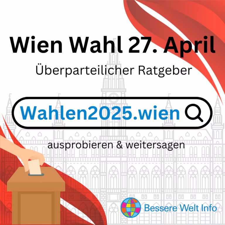 Informative Grafik zur Wien Wahl am 27. April. Sie bewirbt einen &uuml;berparteilichen Online-Ratgeber mit einem Link zu &sbquo;Wahlen2025.wien&lsquo; und fordert dazu auf, den Ratgeber auszuprobieren und den Post zu teilen. Im Hintergrund ist die Kontur des Wiener Rathauses als grau-wei&szlig;e Grafik abgebildet. Rot-wei&szlig;e Fahnen sind in der Ecke links unten und rechts oben zu sehen. Eine Hand wirft einen Zettel in eine Wahlurne im linken unteren Bereich. Rechts unten befindet sich das Logo von &sbquo;Bessere Welt Info&lsquo;. 