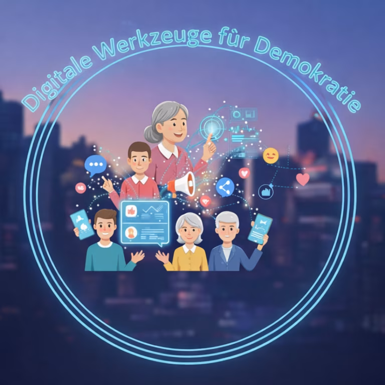 Das Bild zeigt eine illustrierte, symbolische Darstellung digitaler Werkzeuge f&uuml;r Demokratie.