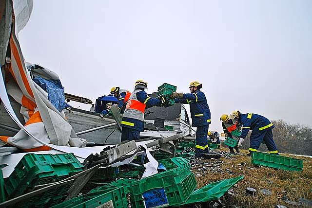 Eine Gruppe von THW-Mitglieder r&auml;umen eine Unfallstelle